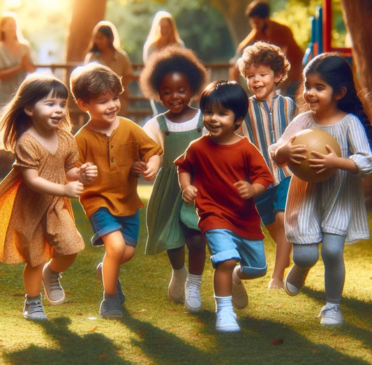 Group of young children happily engaged in playing a cooperative board game, learning teamwork and problem-solving skills.