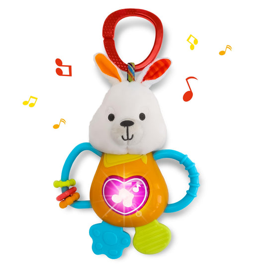 Easter Bunny Teething & Rattle Musical Toy for Infants and Babies - Light-up, Sensory Chew & Interactive Toy for Infants - Baby Easter Basket Stuffer for 3 Months and Up