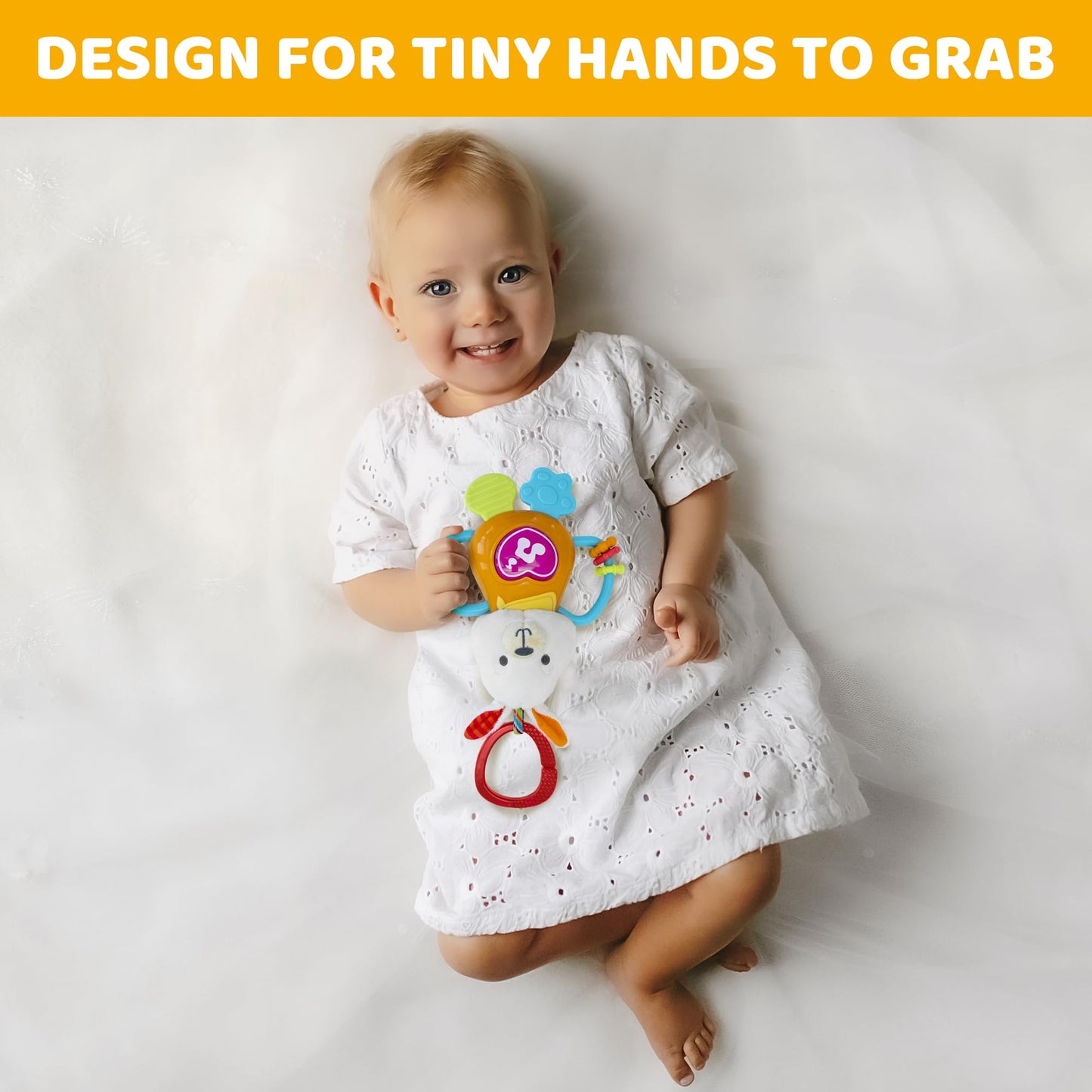 Easter Bunny Teething & Rattle Musical Toy for Infants and Babies - Light-up, Sensory Chew & Interactive Toy for Infants - Baby Easter Basket Stuffer for 3 Months and Up