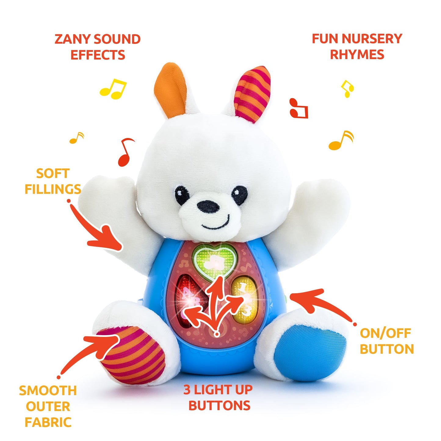 Easter Bunny Plush Toy - Musical Stuffed Animal with 3 Light-Up Buttons, 8 Fun Nursery Rhymes & Sound Effects - Soft Easter Basket Stuffer for Infants, Babies, and Toddlers Aged 3 Months +