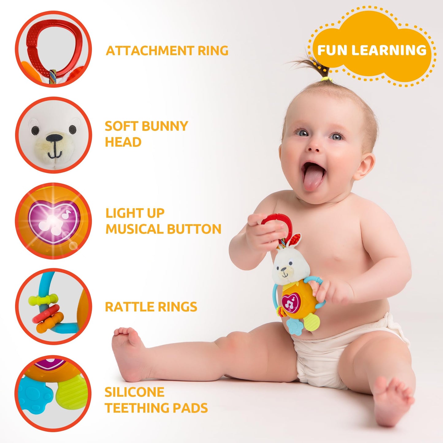 Easter Bunny Teething & Rattle Musical Toy for Infants and Babies - Light-up, Sensory Chew & Interactive Toy for Infants - Baby Easter Basket Stuffer for 3 Months and Up