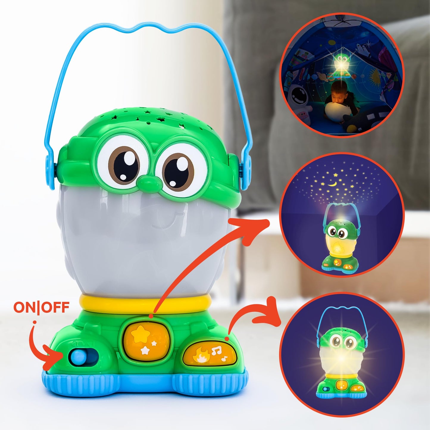 Kids Camping Lantern Night Light Star Projector w/ Soothing Sounds – Mini, Small & Toddler-Friendly Lantern Toy – Perfect Light-Up Toy for Babies 6 Months & Up