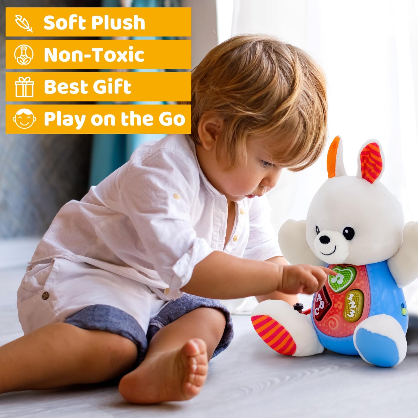 Easter Bunny Plush Toy - Musical Stuffed Animal with 3 Light-Up Buttons, 8 Fun Nursery Rhymes & Sound Effects - Soft Easter Basket Stuffer for Infants, Babies, and Toddlers Aged 3 Months +