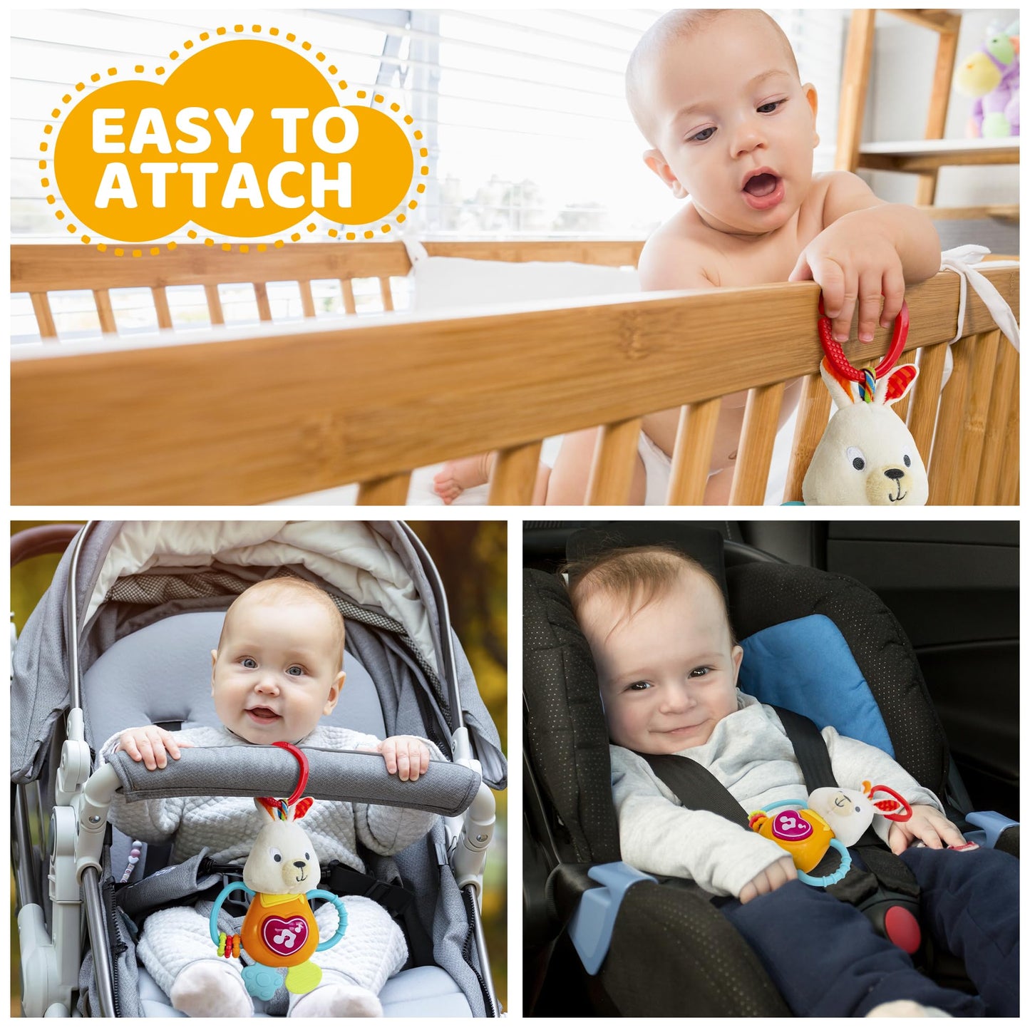 Easter Bunny Teething & Rattle Musical Toy for Infants and Babies - Light-up, Sensory Chew & Interactive Toy for Infants - Baby Easter Basket Stuffer for 3 Months and Up