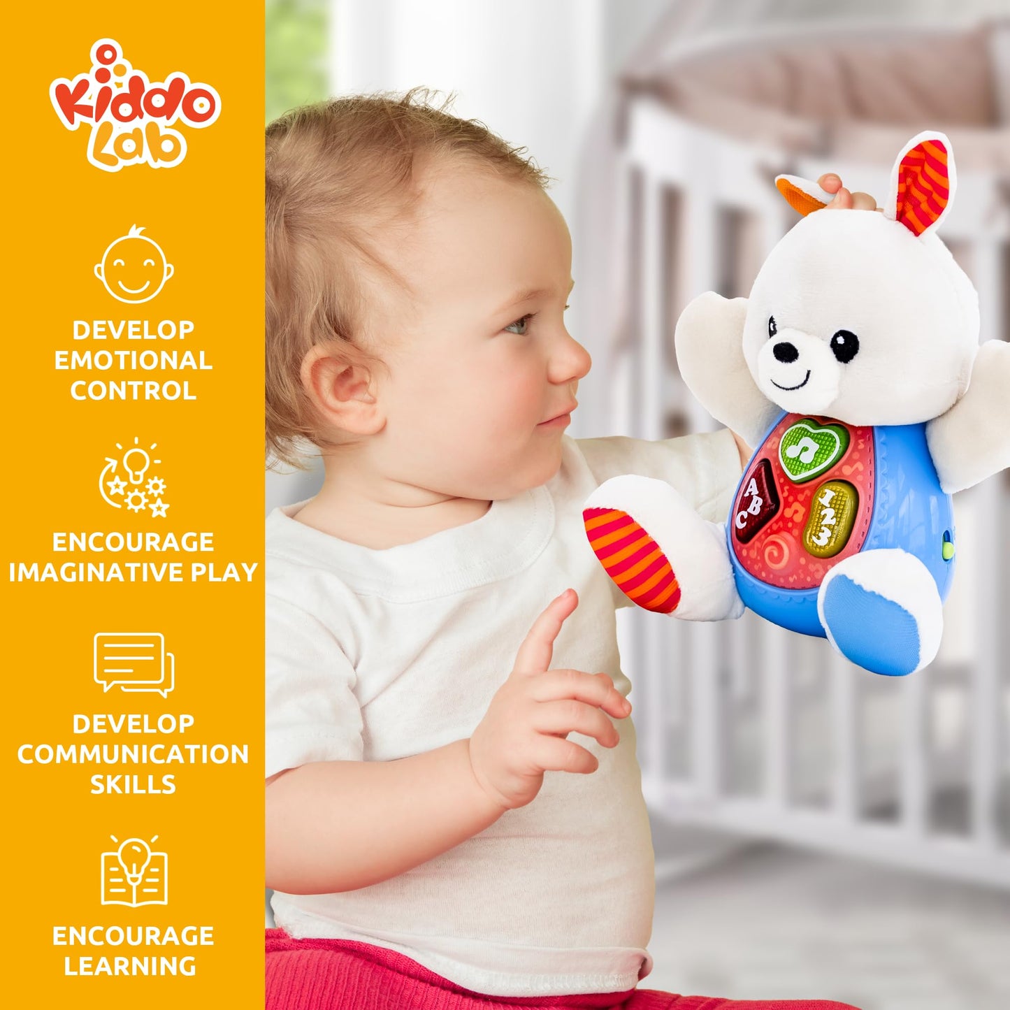 Easter Bunny Plush Toy - Musical Stuffed Animal with 3 Light-Up Buttons, 8 Fun Nursery Rhymes & Sound Effects - Soft Easter Basket Stuffer for Infants, Babies, and Toddlers Aged 3 Months +