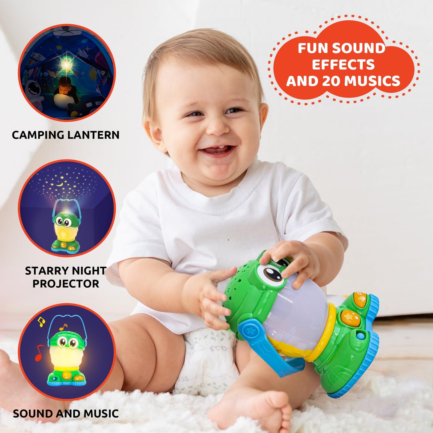 Kids Camping Lantern Night Light Star Projector w/ Soothing Sounds – Mini, Small & Toddler-Friendly Lantern Toy – Perfect Light-Up Toy for Babies 6 Months & Up