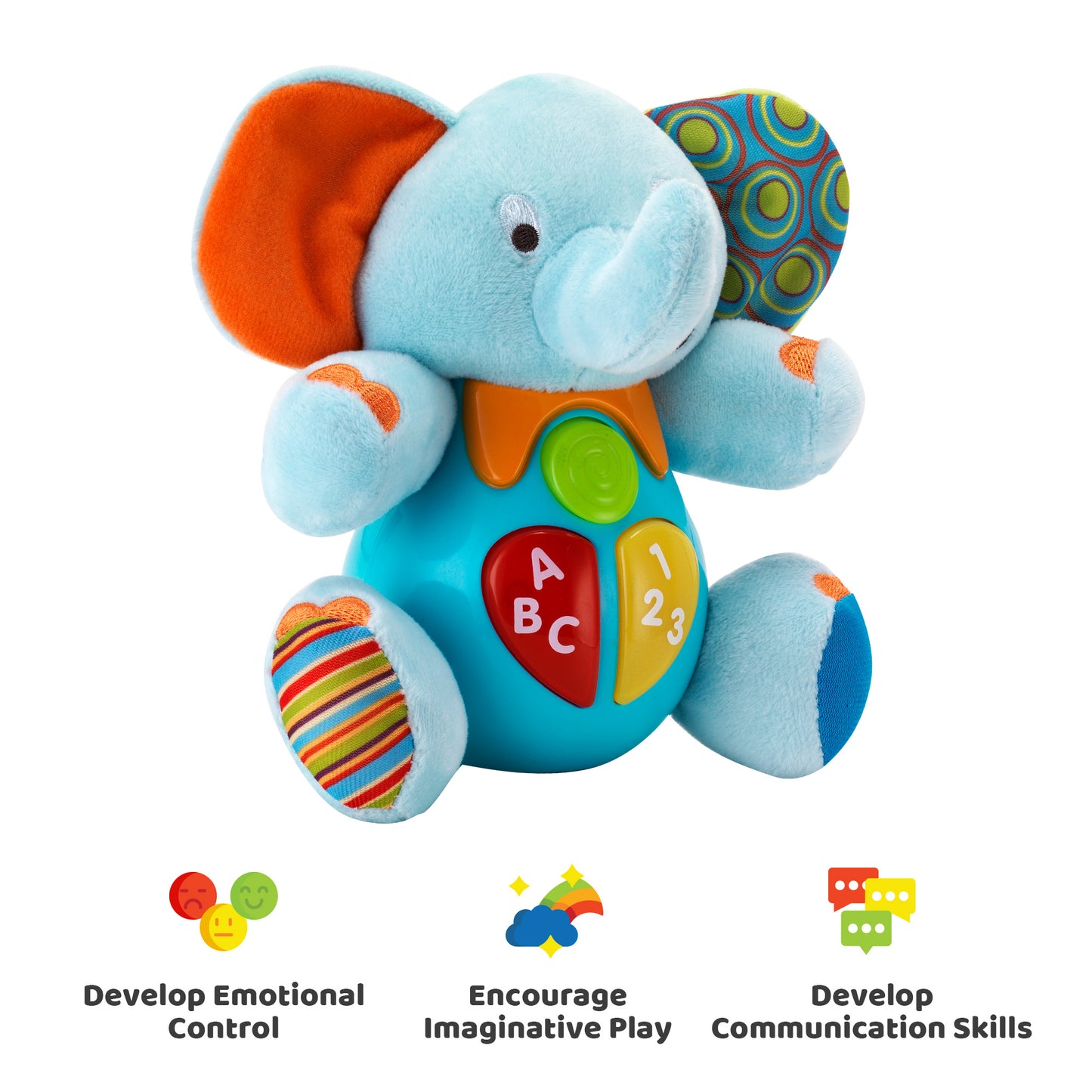 KiddoLab Plush Elephant Baby Toys - Musical Stuffed Animals with 3 Light-Up Buttons, 4 Children's Nursery Songs & Sound Effects - Soft Learning Toy for 3 Months & Olds Infants, Babies & Toddlers