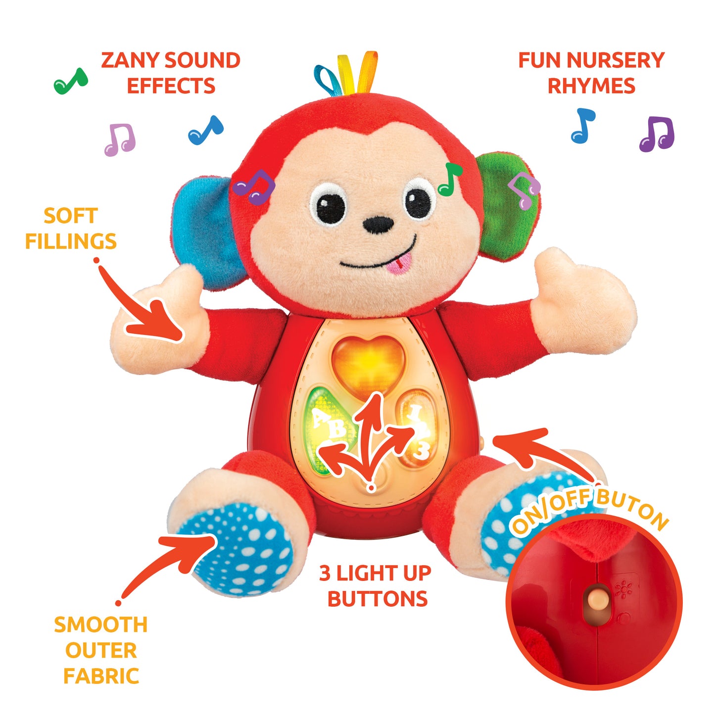 KiddoLab Musical Monkey Plush Toy - Soft Stuffed Animal with Light-Up Buttons and Melodic Nursery Songs for 3+ Month Old Babies