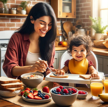 Nutritious and colorful family breakfast, with a mother and toddler enjoying a balanced meal to start their day right.