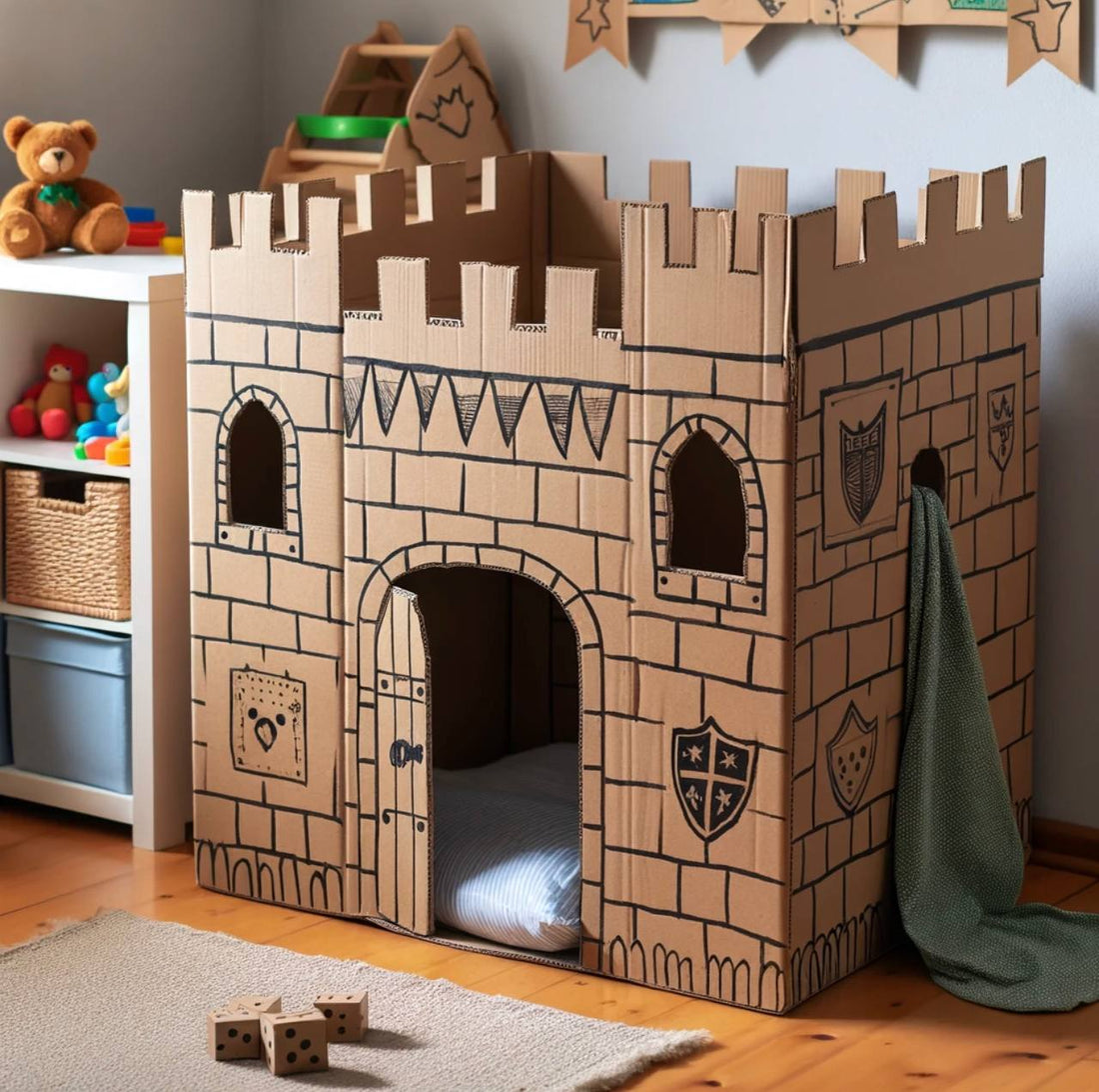 Homemade cardboard box playhouse, creatively transformed into a child's imaginative fortress, complete with windows and a door.