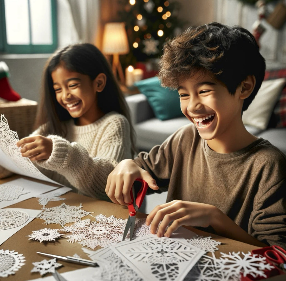 Kids happily cutting out intricate paper snowflakes, a fun and creative DIY holiday activity.