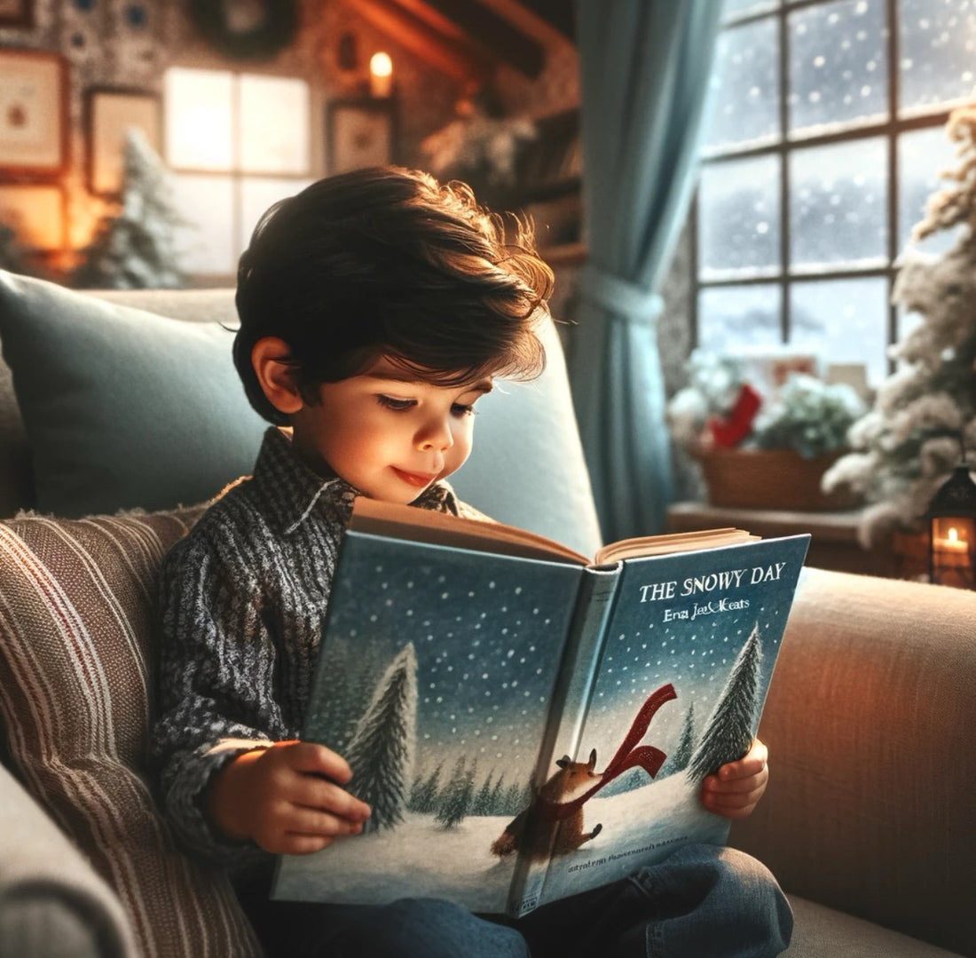 A child engrossed in reading 'Snow White: A Graphic Novel' by Matt Phelan, experiencing a unique winter story.