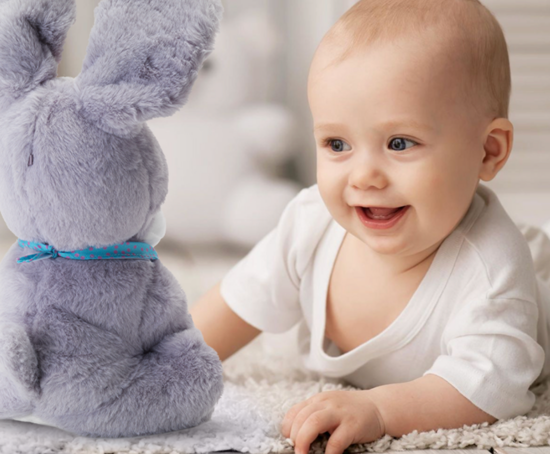 Happy toddler playing with Peek-a-Boo Donkey toy at bedtime, showing joy and engagement