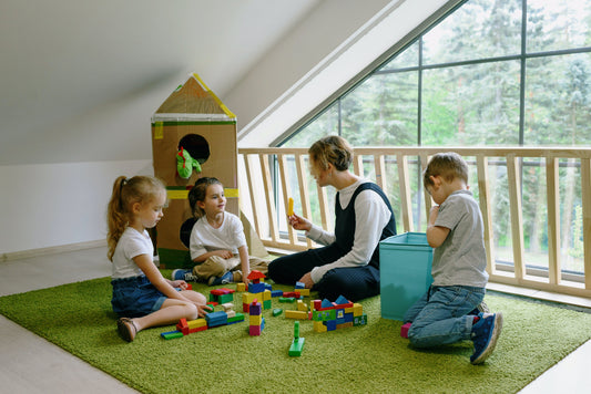 A child joyfully playing with a Kiddolab sustainable toy, demonstrating eco-friendly fun and learning.