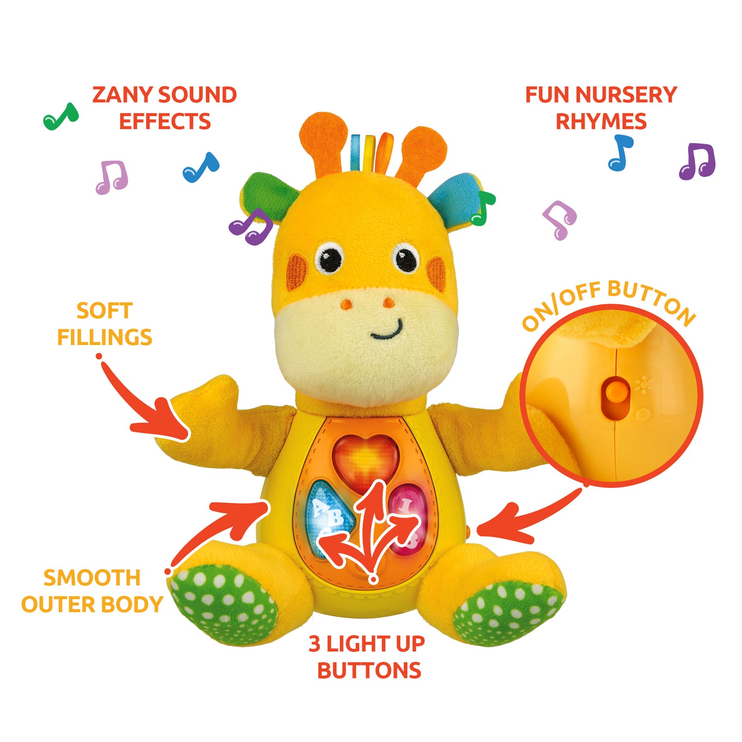 KiddoLab Giraffe Stuffed Animal - Musical Stuffed Giraffe with 3 Light-Up Buttons, 4 Children's Nursery Songs & Sound Effects - Soft Giraffe Plush Toy for Babies & Toddlers