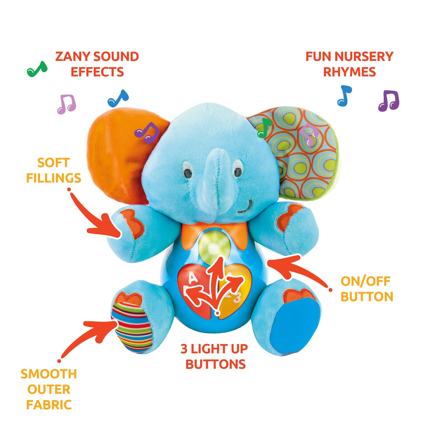KiddoLab Plush Elephant Baby Toys - Musical Stuffed Animals with 3 Light-Up Buttons, 4 Children's Nursery Songs & Sound Effects - Soft Learning Toy for 3 Months & Olds Infants, Babies & Toddlers