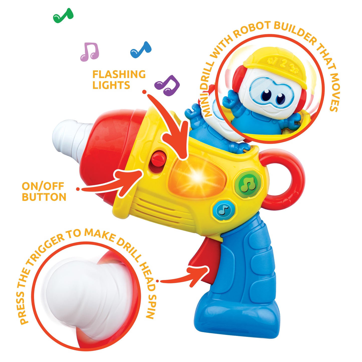 Kiddolab The Little Builder Drill - Kids Musical Spinning Drill Toy with Easy to Press Button, Flashing Lights - Toddler Power Tools with Music & Robot Builder Figure - Gift for Babies Age 6 Months Up
