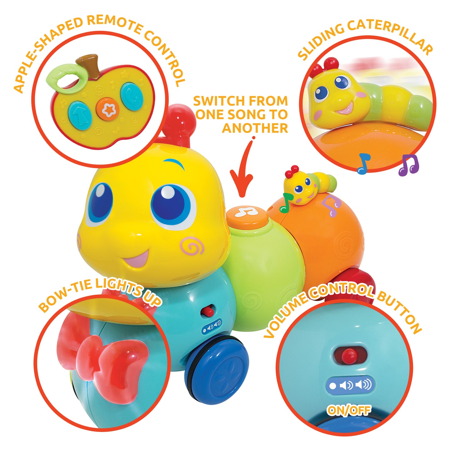 KiddoLab Crawling Caterpillar Baby Toy - Apple-Shaped Remote Control with Easy-Press Buttons- Plays 10 Children's Nursery Rhymes - Musical Toys for Toddlers 1,2,3 Years Old Boys and Girls